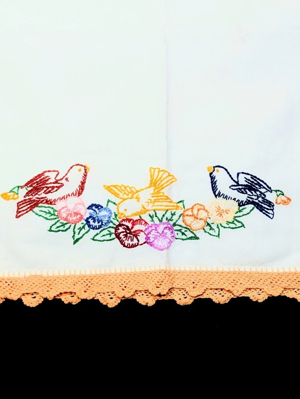 Handmade Vintage Embroidered Birds Floral Pillowcase Ivory Crochet Trim 20x33
